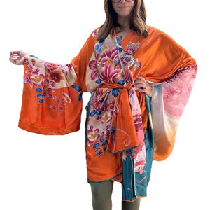 Silk Blend Kimono W/ Sash Tie Colorful Floral Birds Sunrise Print Orange Green